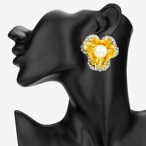 Gold Pearl Centered Flower Statement Earrings